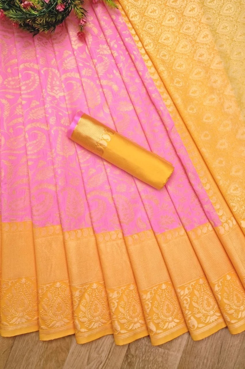 Indian Wedding Pink Yellow Soft Lichi Silk Saree Bollywood Bridal pakistani sari