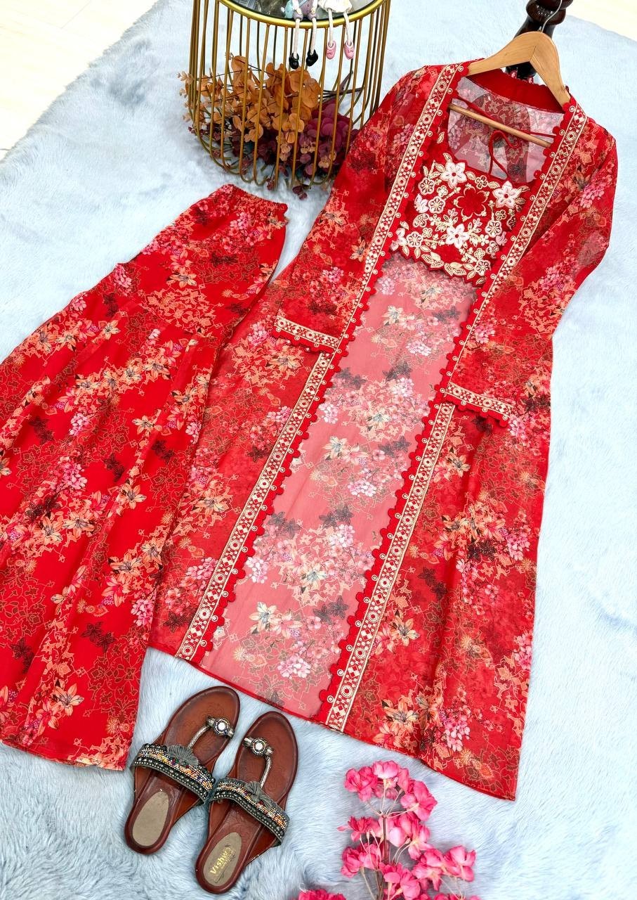 Readymade Designer Stitched Sharara Blouse with Shurg suits Dress For Women