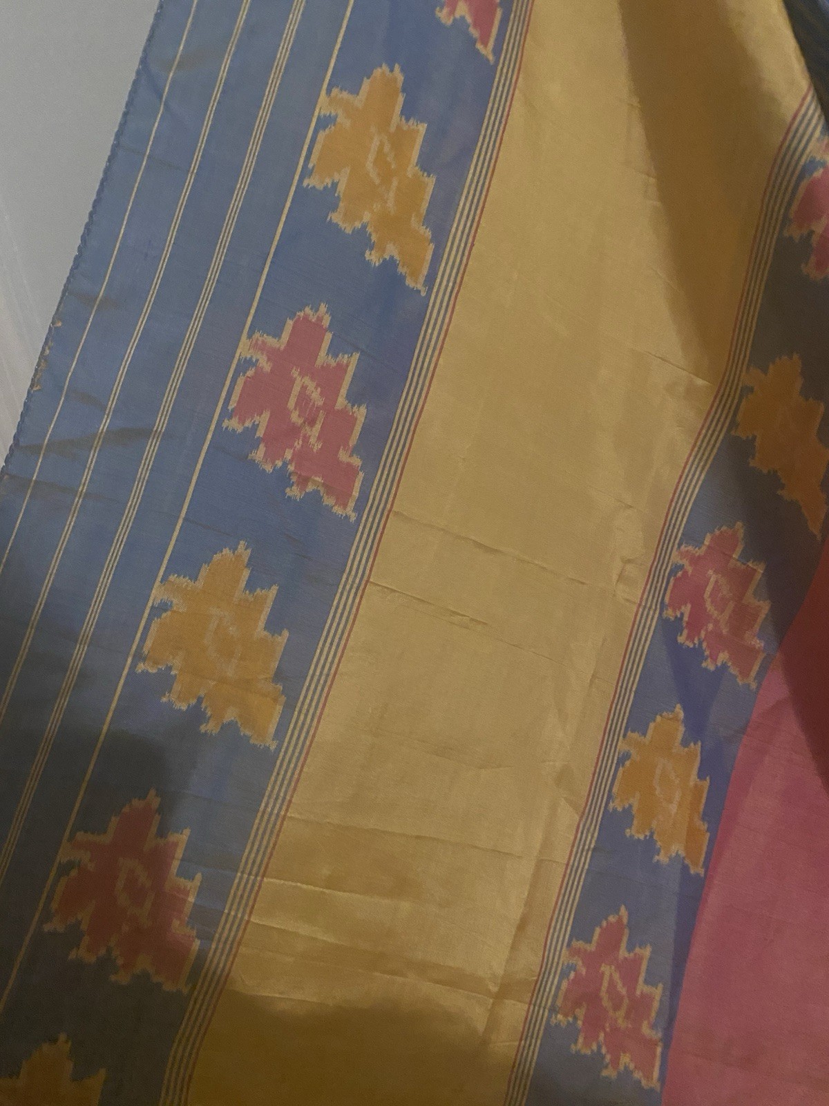 Kavanji Silk Saree Pink Yellow Blue Gold Geometric Pattern Indian Sari w/blouse
