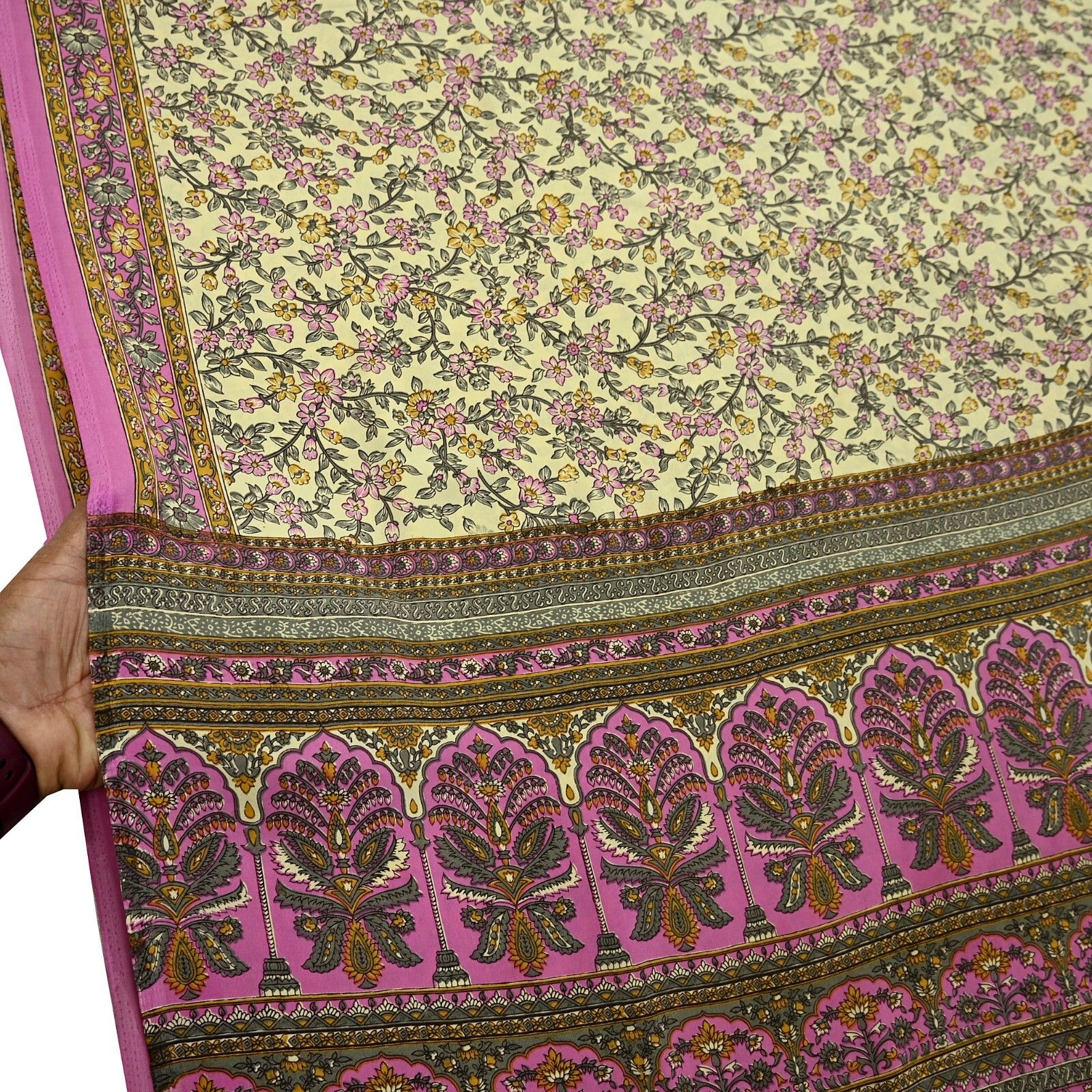 Vintage Sari Ivory & Pink Moss Crepe Printed Sarees 5yd Craft Fabric Sewing Soft
