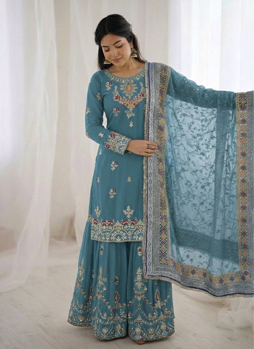 Bollywood Look Georgette Teal Blue Top Palazzo With Dupatta For Women Wear