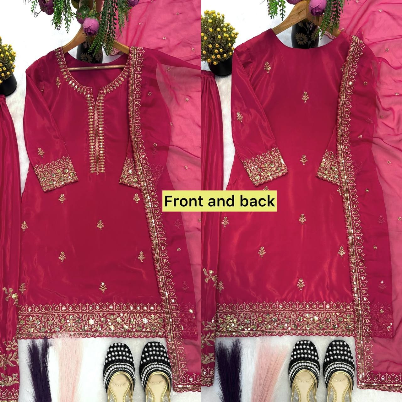 New Latest Heavy Natural Crep Silk Pink Top Palazzo With Dupatta For Festival