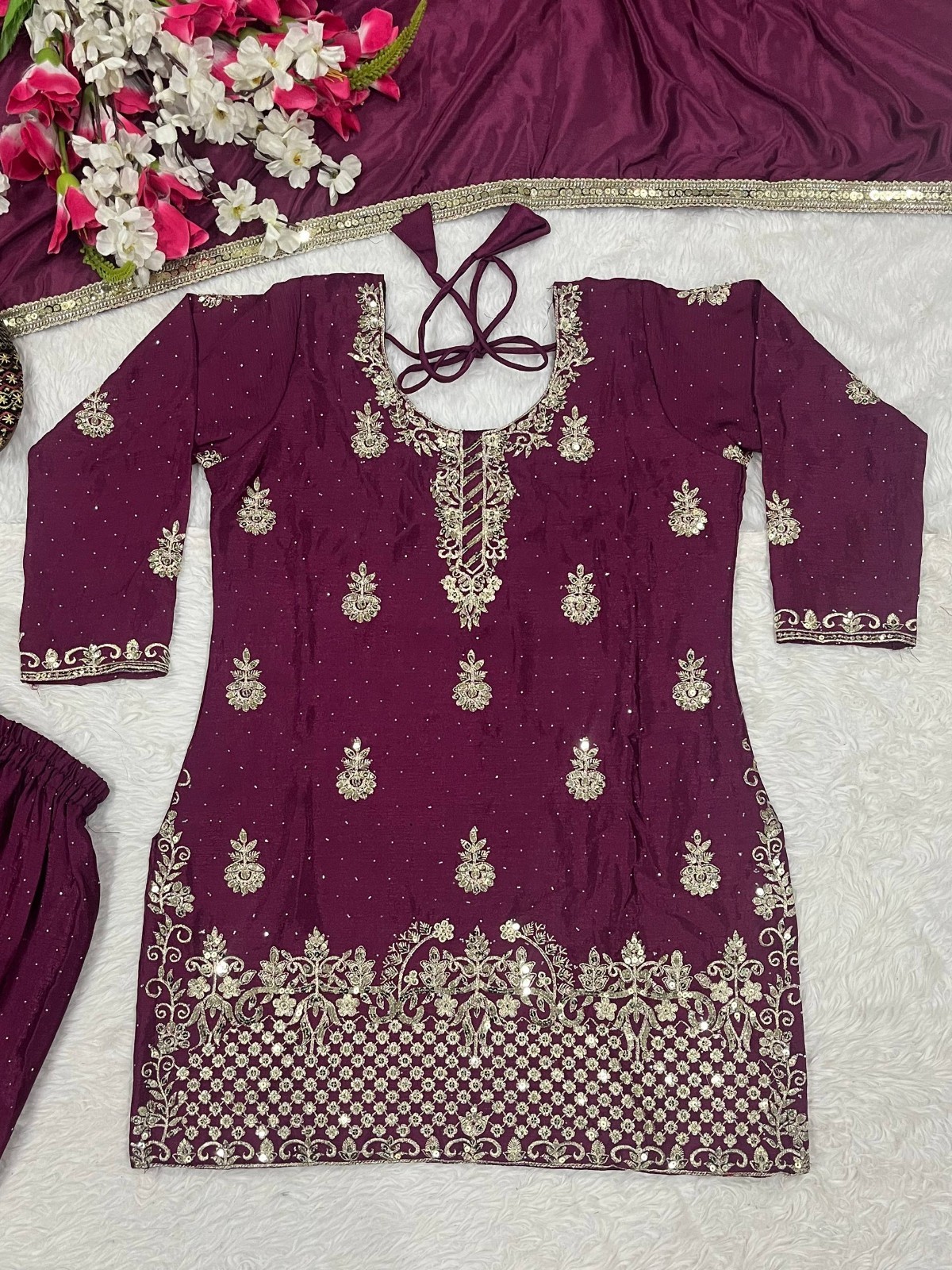 Latest Heavy Chinon Silk Wine Palazzo Suit With Dupatta For Indian Wedding