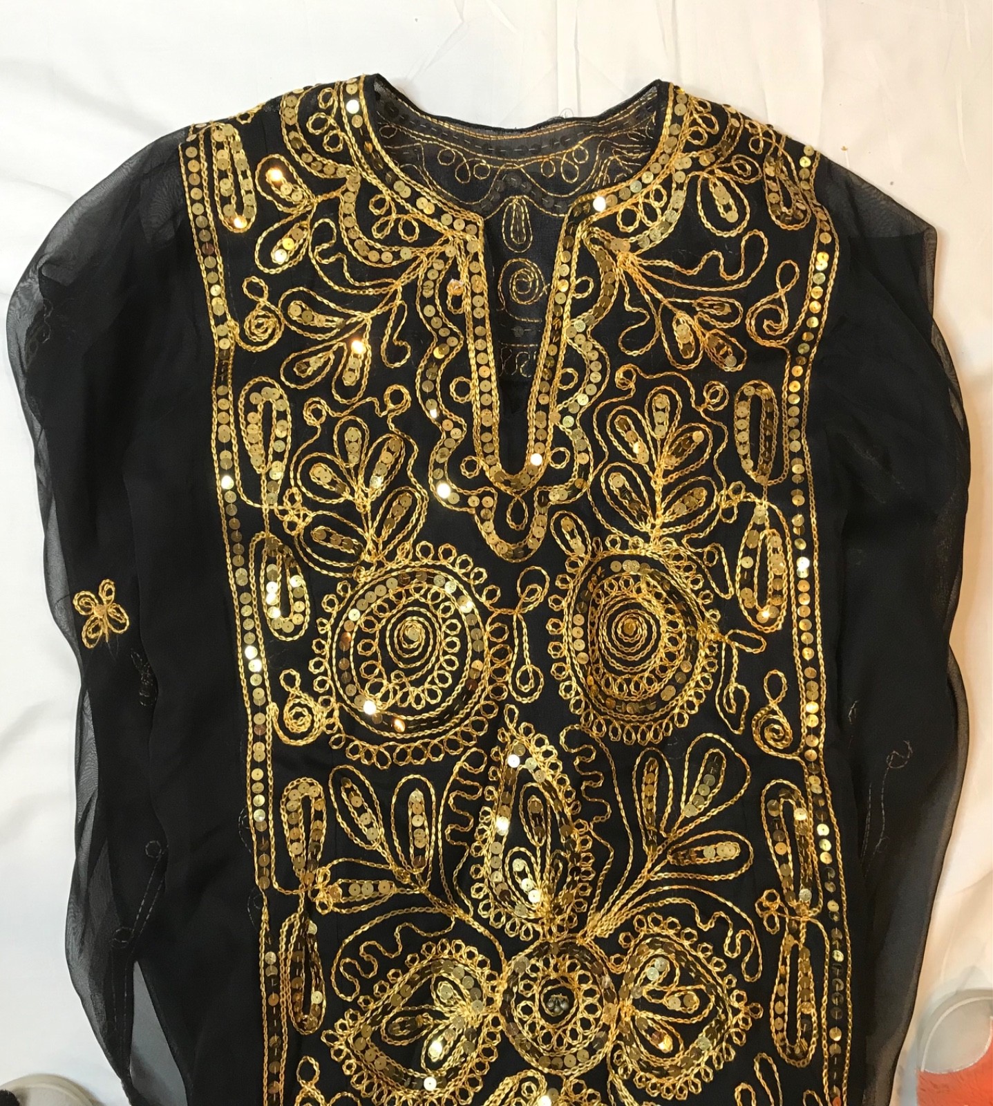 Kalieji caftan abaya belly dance dress black chiffon gold tone sequins