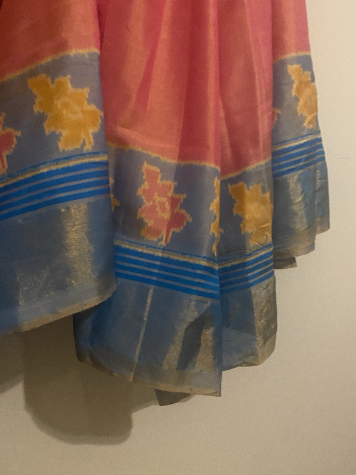 Kavanji Silk Saree Pink Yellow Blue Gold Geometric Pattern Indian Sari w/blouse