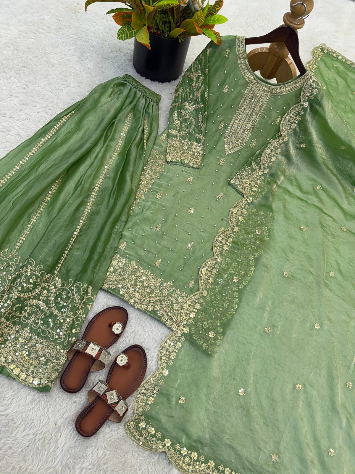 Designer Silk Top Palazzo With Pista Green Dupatta For Wedding Wear