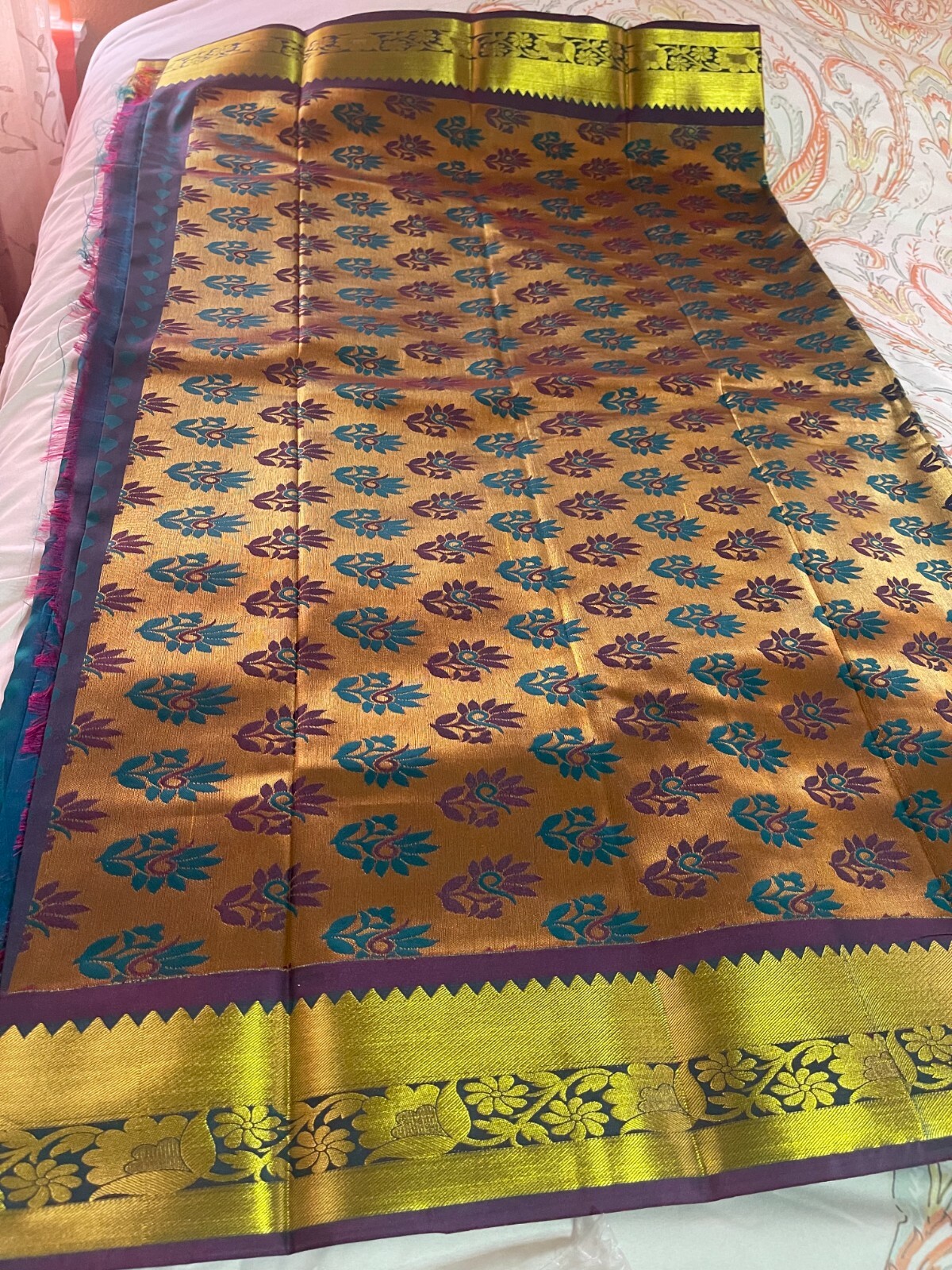 Blue, Purple, and Golden South Silk Saree