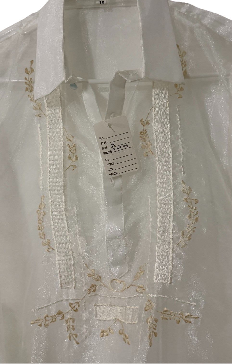NEW Barong Tagalog Filipino Shirt Youth Size 18 Teens Unisex Cream Long Sleeve