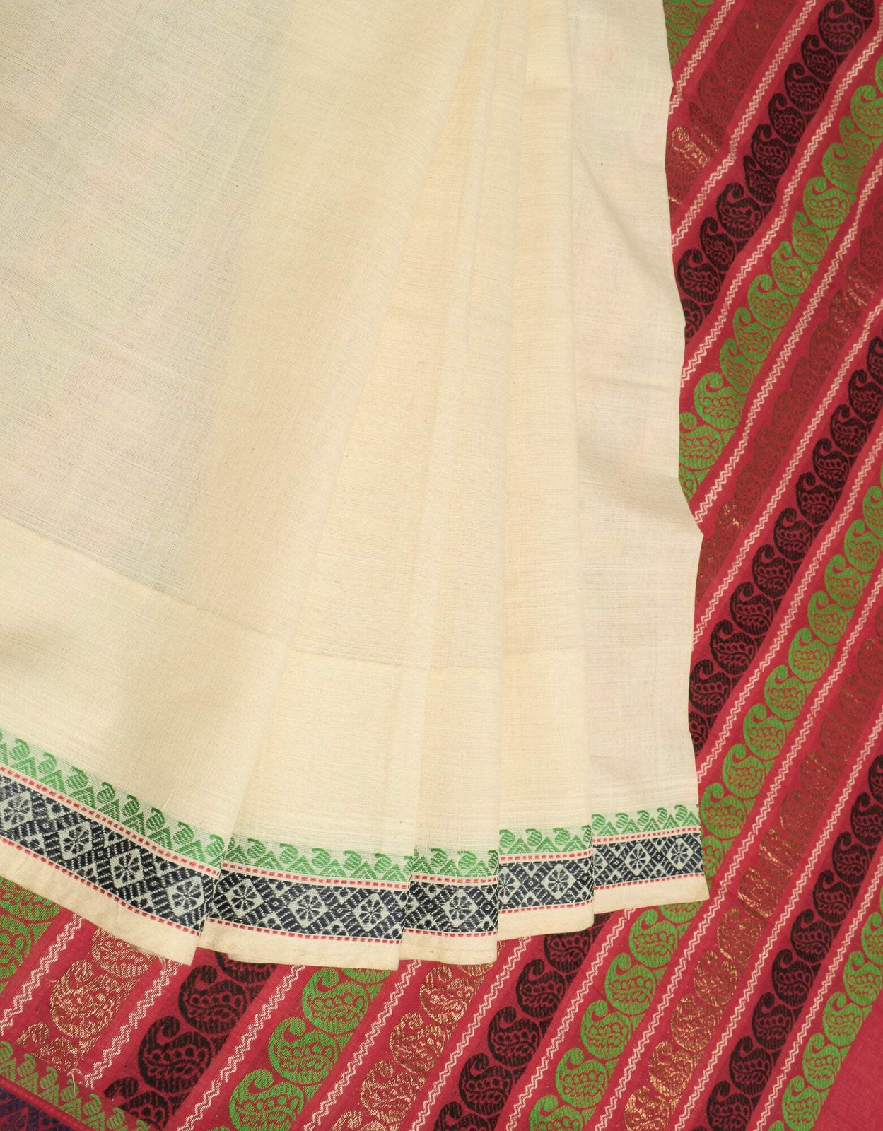 Sushila Vintage Cream Handloom Saree Pure Cotton Woven Sari Craft Fabric