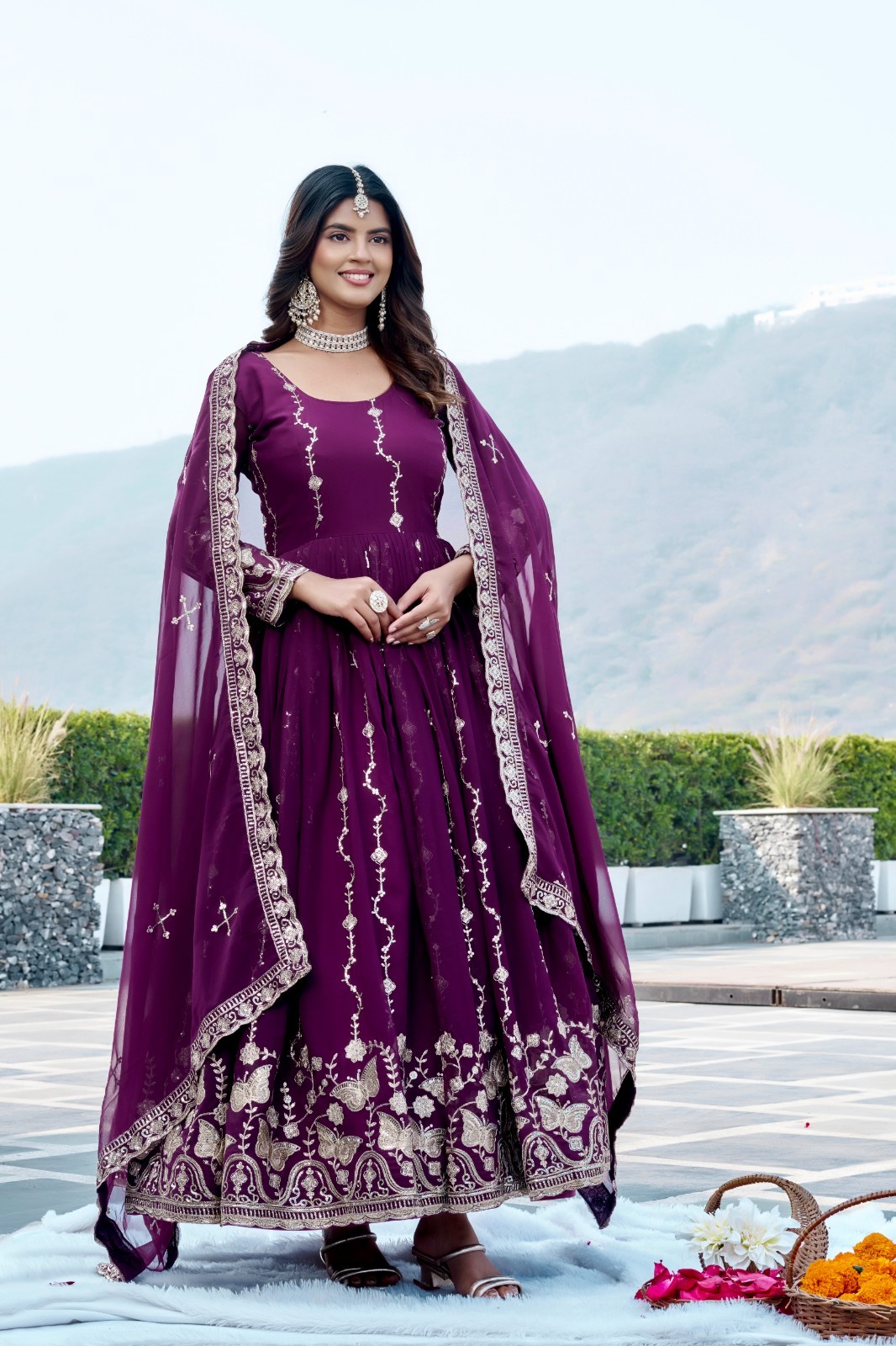 Fully Stitched Fox Georgette Gown Dupatta Heavy Sequins Festive Indian Dress 2pc