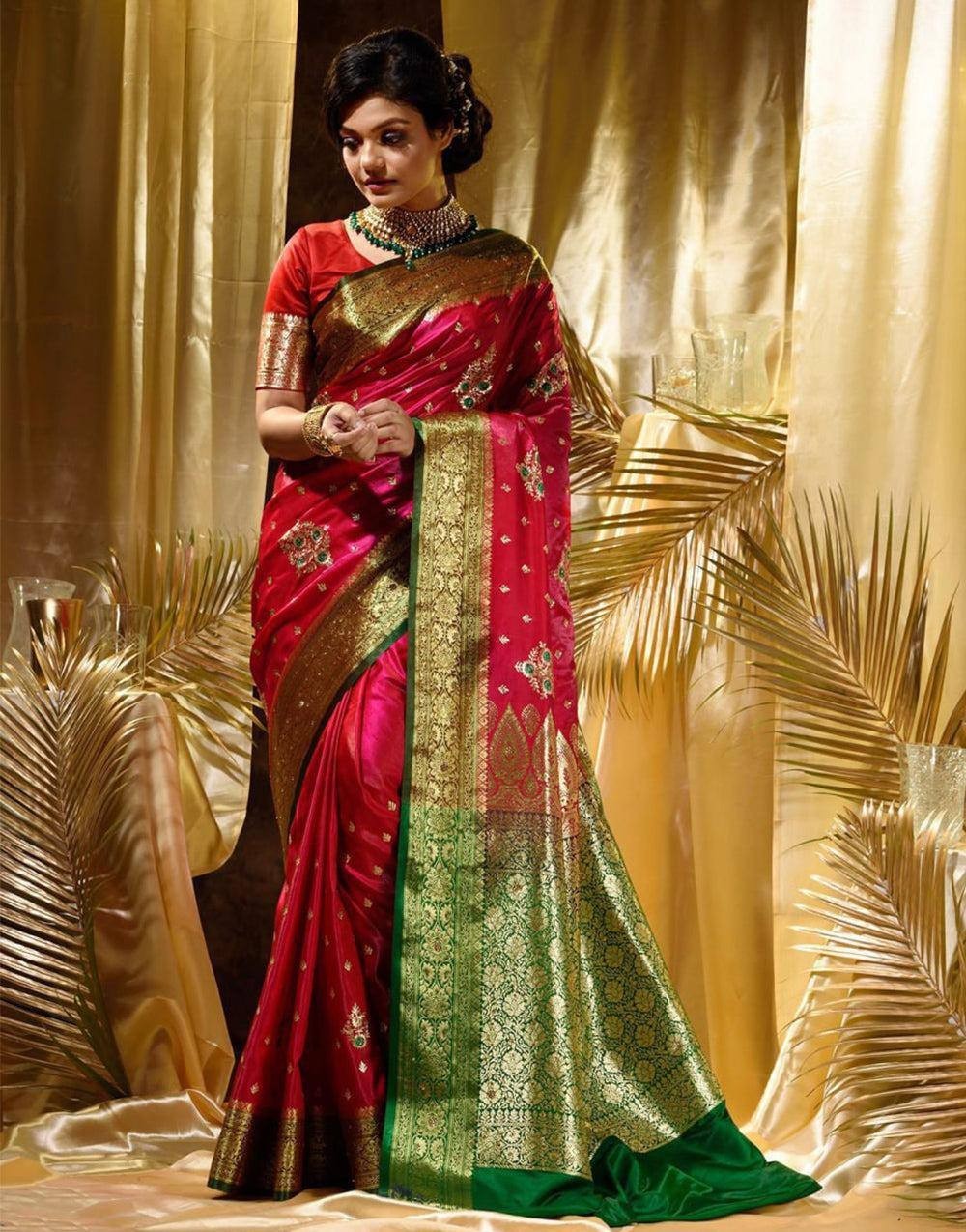 Indian Wedding Bollywood Saree Red Green Jacquard Soft Lichi Silk Designer Wear