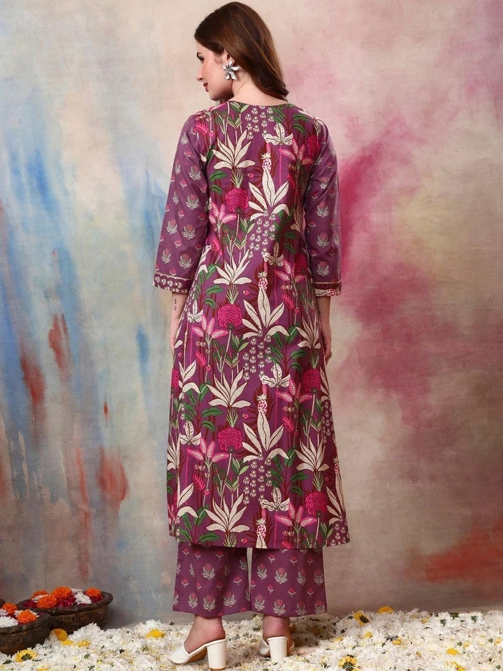 Purple Indian Women Pure Cotton Angrakha Style Printed Kurta with Palazzo Set