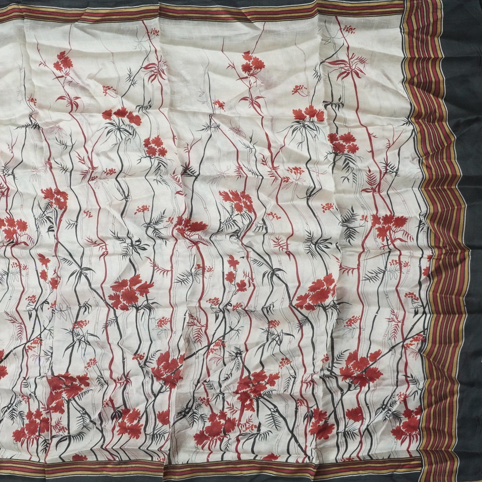 Vintage Off-White Sarees 100% Pure Silk Floral Printed Sari 6YD Craft Fabric