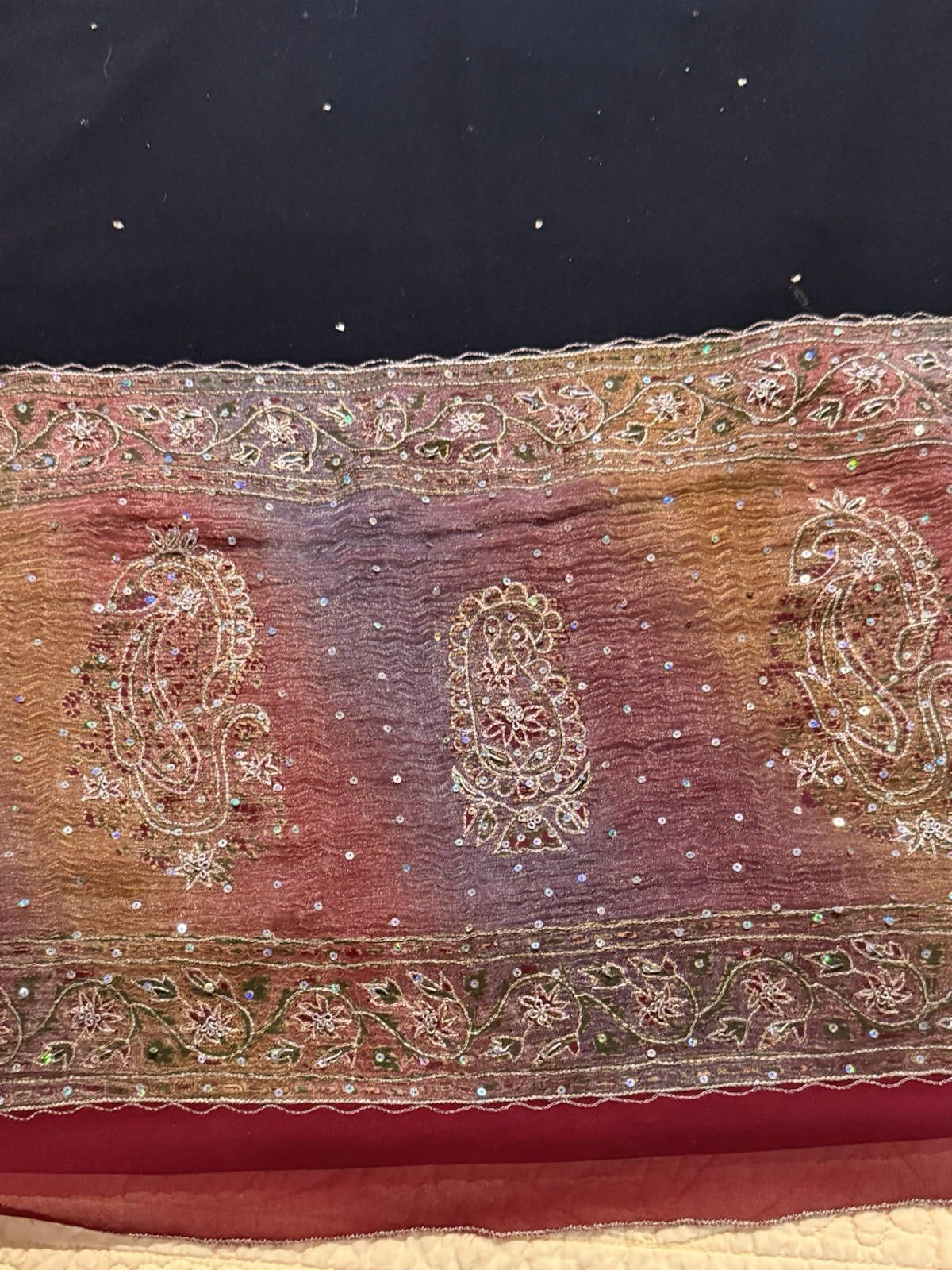 SARI CHIFFON Burgundy Embroidered Border/ Black Sequined Interior 44×200+” EUC