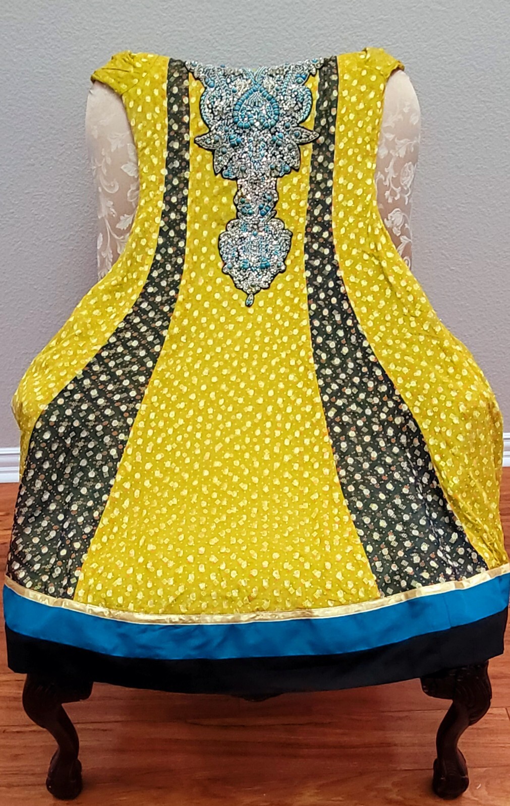 Green Yellow Gold Shalwar Kameez Pakistani Indian Chiffon Measurements Included