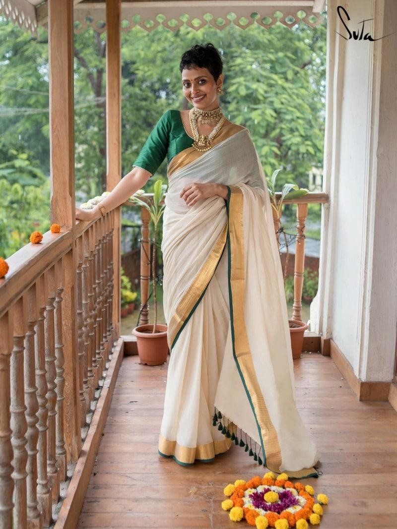 Off White Solid Mol Cotton Saree Hand Made South Indian Saree For Ethnic Women
