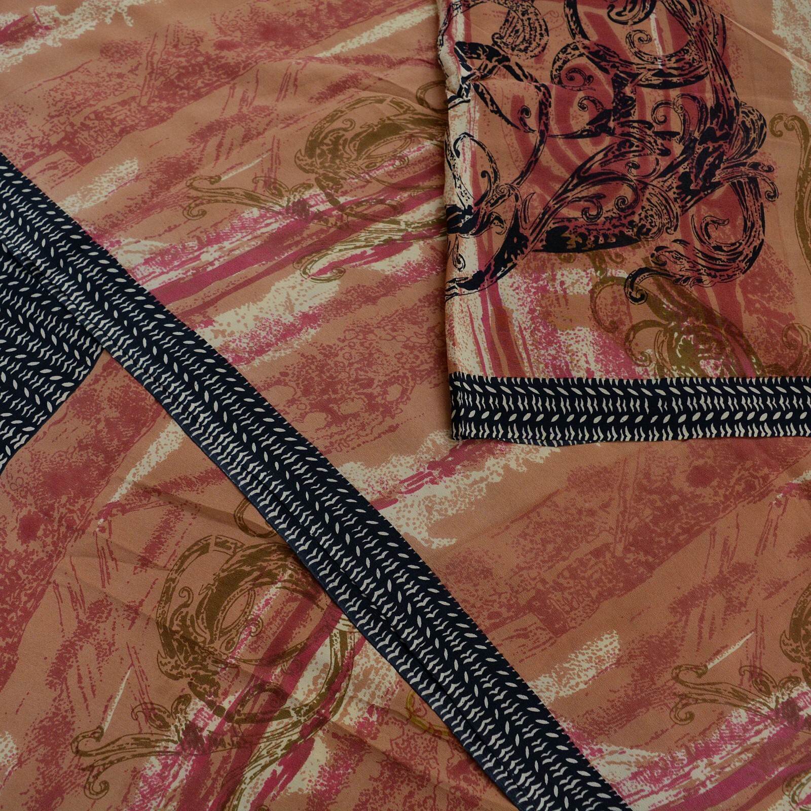 Vintage Sari Brown & Black Pure Crepe Silk Printed Saree 5yd Sewing Dress Making