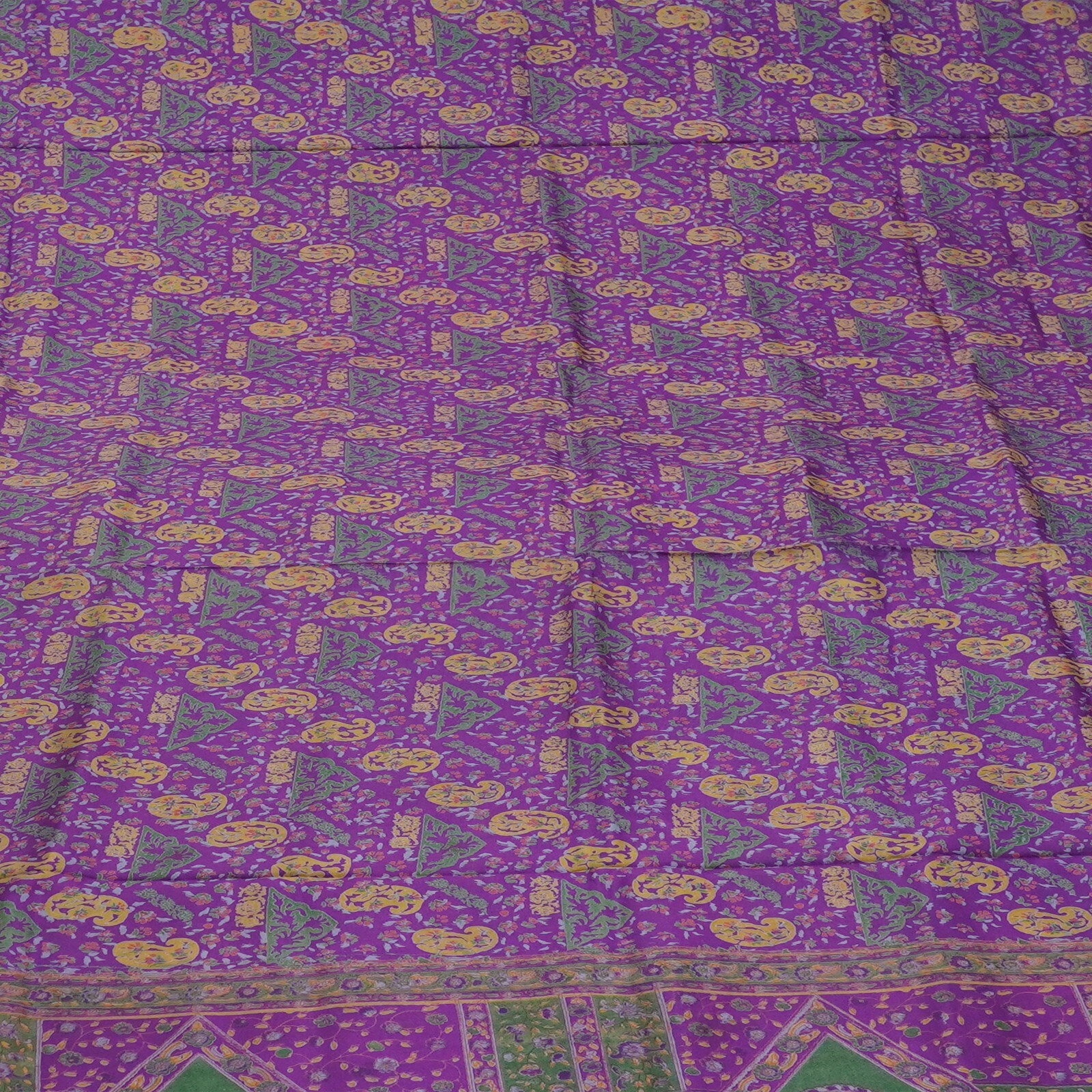 Vintage Purple Sarees 100% Pure Silk Printed Zari Border Sari 6YD Craft Fabric