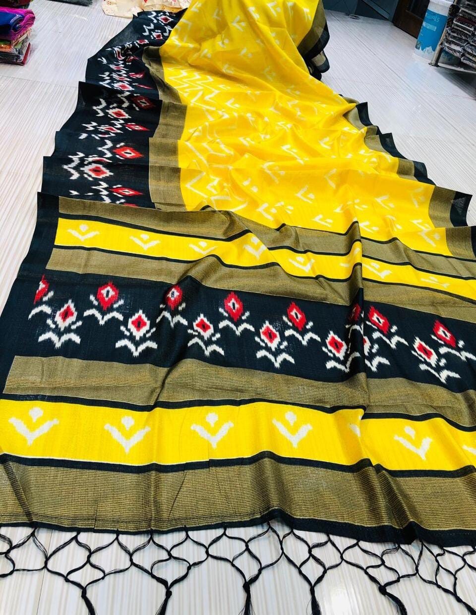 Saree Sari Women Printed Kota Doria Cotton Blend Saree (Gold)