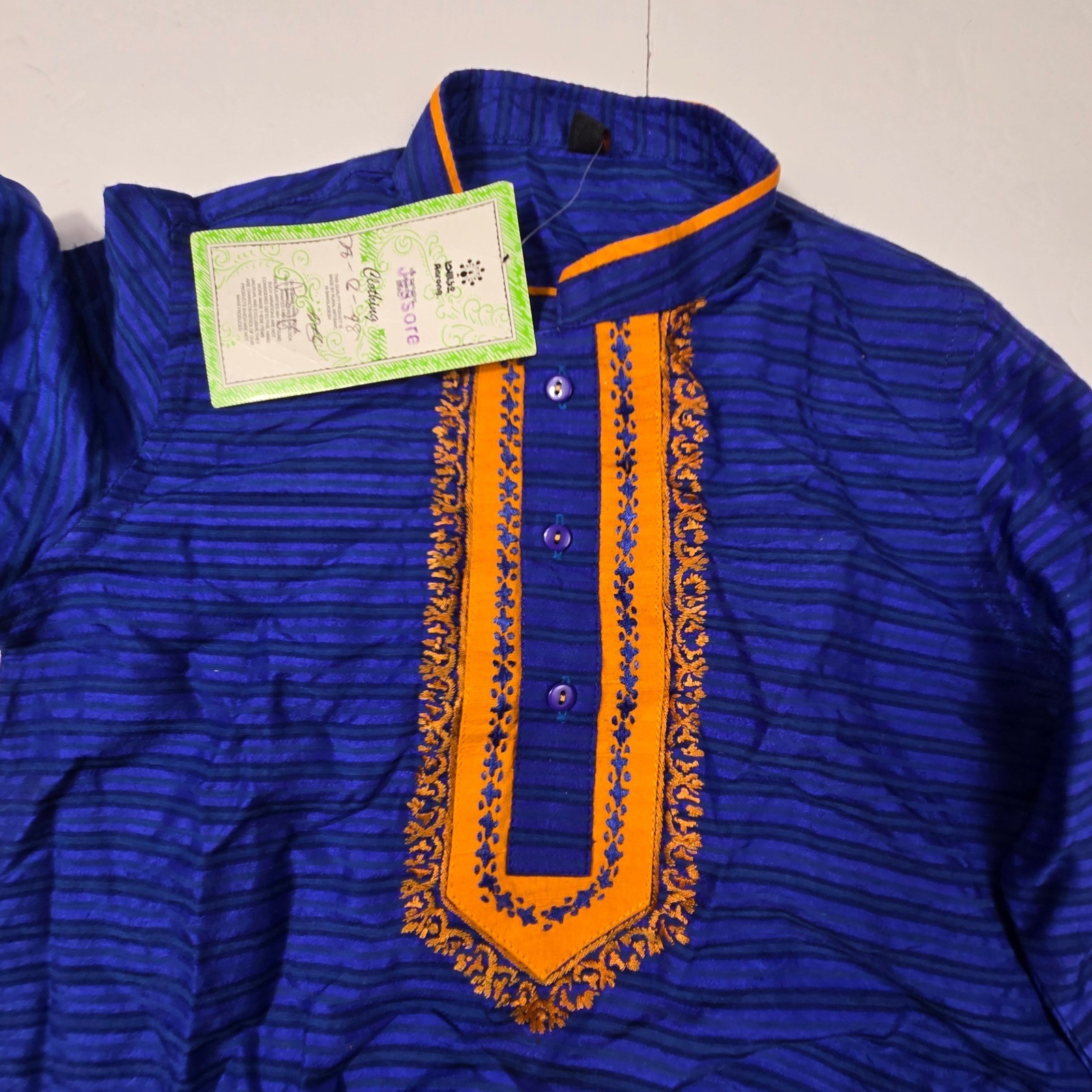 Vintage Aarong Bangladesh Boy Kurta Silk Cotton Blend Blue Orange Embroidered