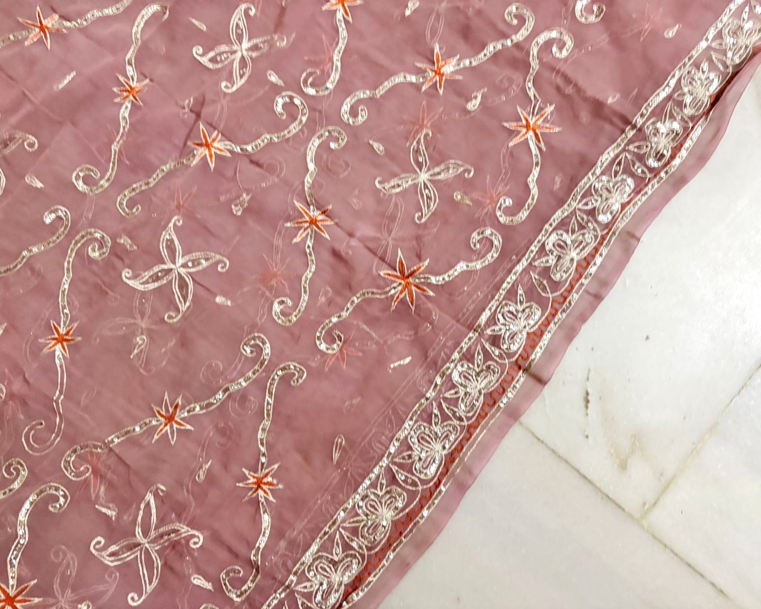Pink Embroidered Gota Traditional Saree Georgette Recycled Fabric Vintage Dress