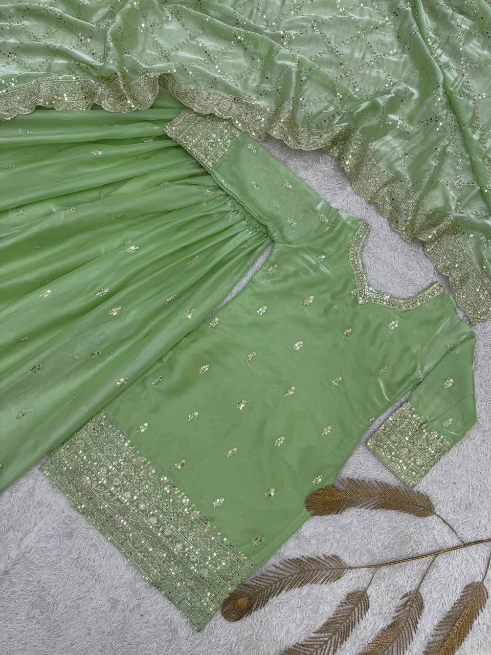 New Stylish Pure Silk Pista Green Top Palazzo With Dupatta For Wedding Wear