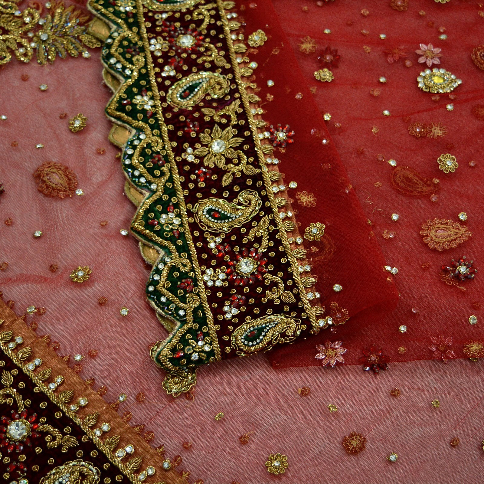 Vintage Heavy Red Dupatta Net Mesh Long Stole Hand Embroidered Scarves Veil Zari