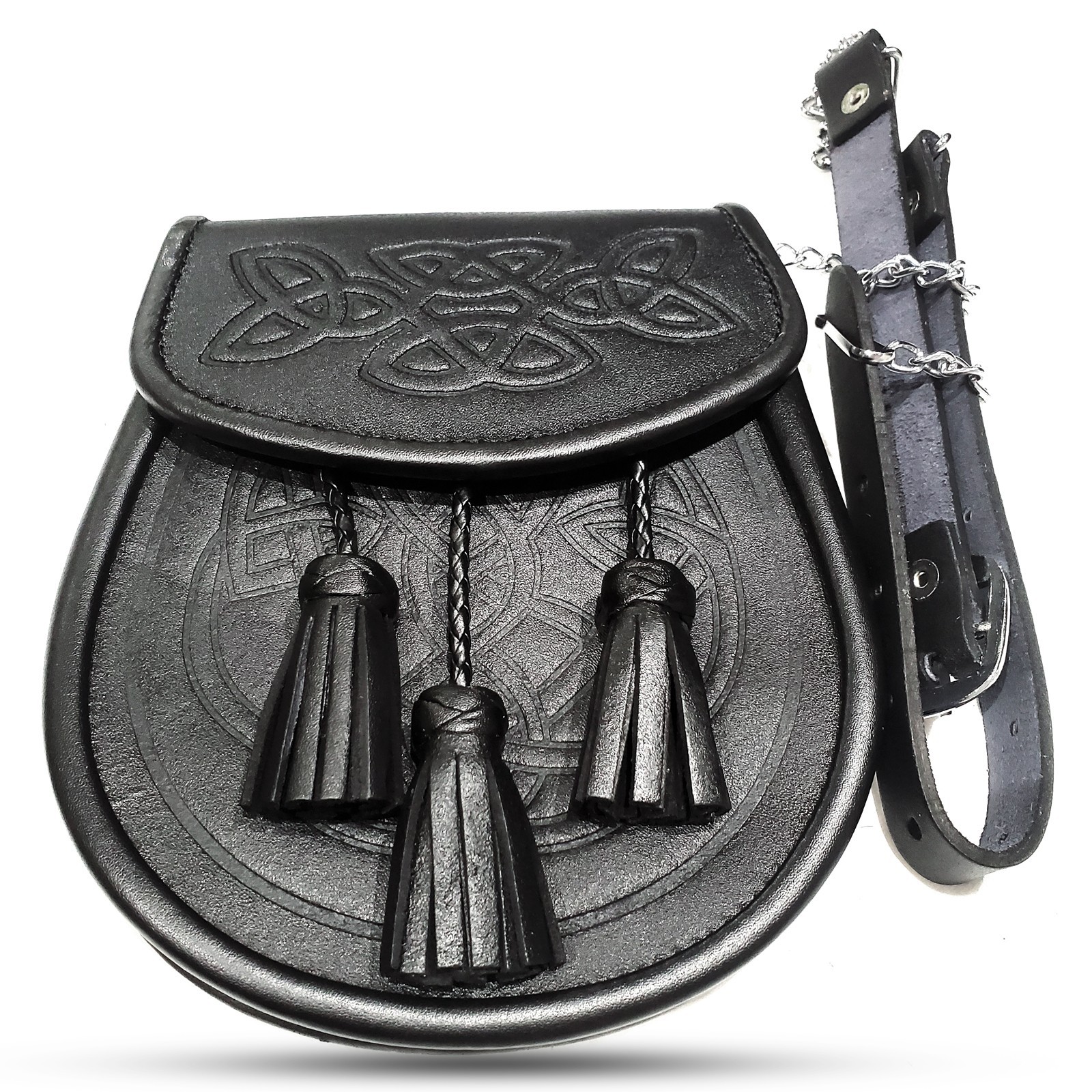 Scottish Black Leather Sporran Celtic Knot Kilt Pouch w/ Adjustable Belt
