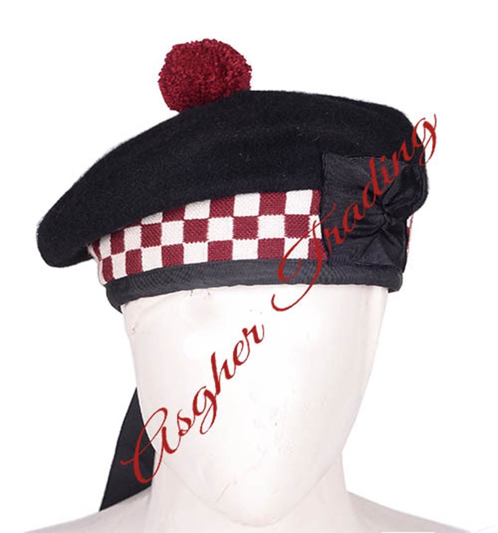 Scottish Military Traditional Kilt Cap – 100% Wool Balmoral Bonnet Diced Hats