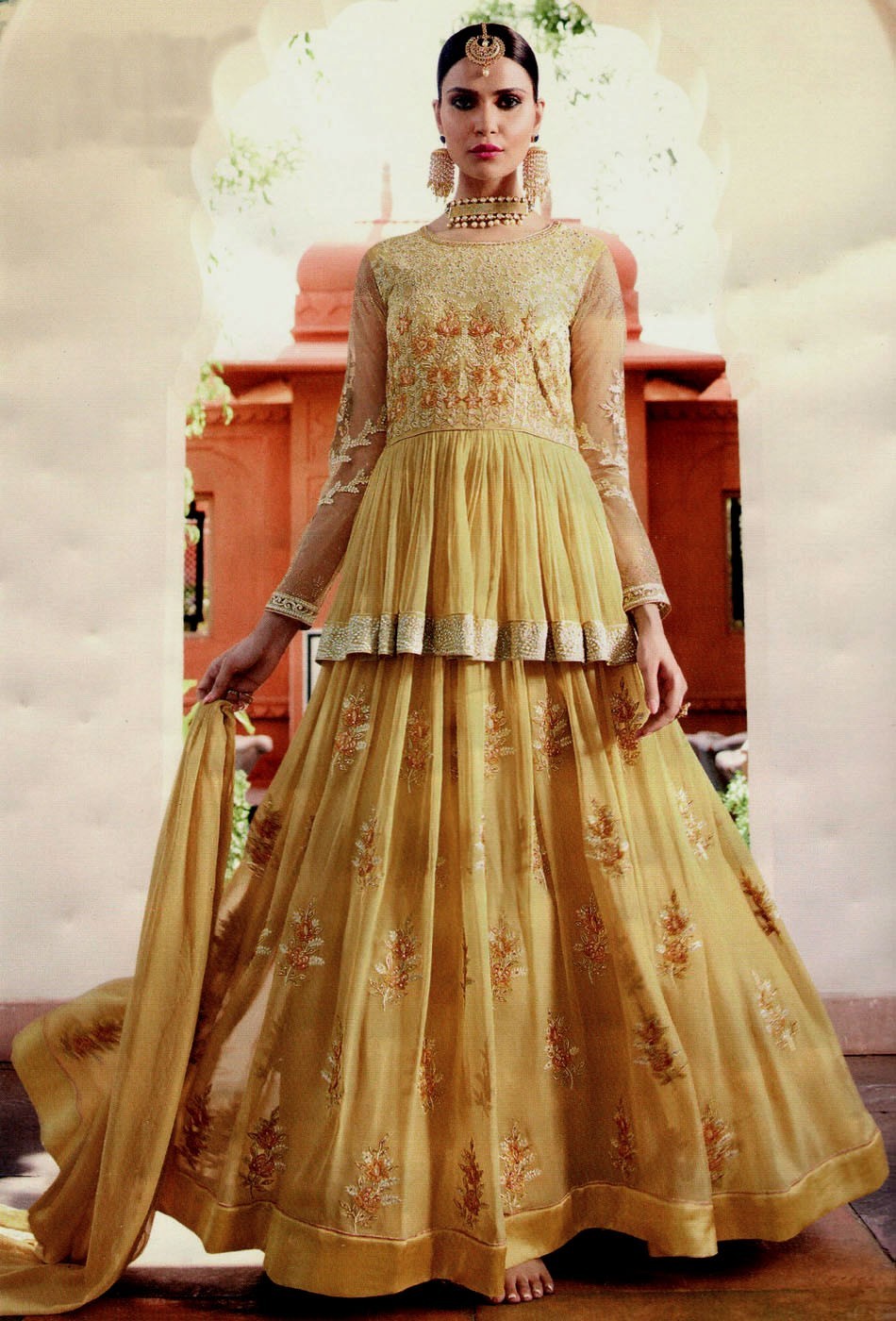 YELLOW GRGT INDIAN PAKISTANI READYMADE HEVY ANARKALI GOWN SALWAR KAMEEZ SUIT SNJ