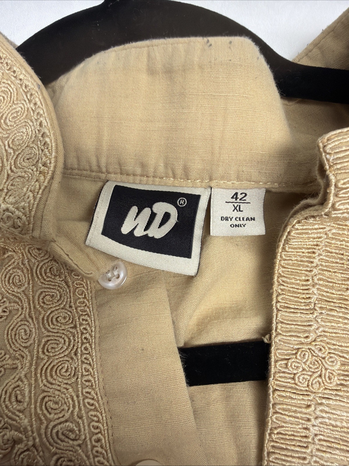 White n Day Men’s Beige Embroidered Kurta Tunic Shirt XL 42 Long Sleeve India