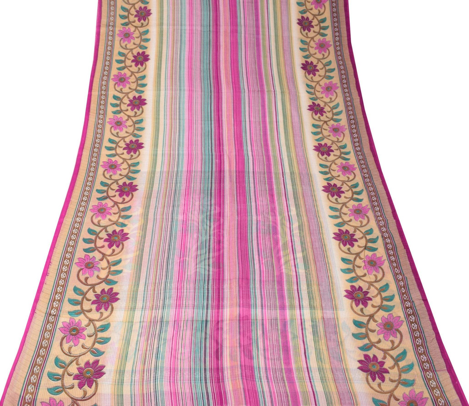 Sushila Vintage Multi-Color Saree Pure Cotton Striped Printed Soft Craft Fabric