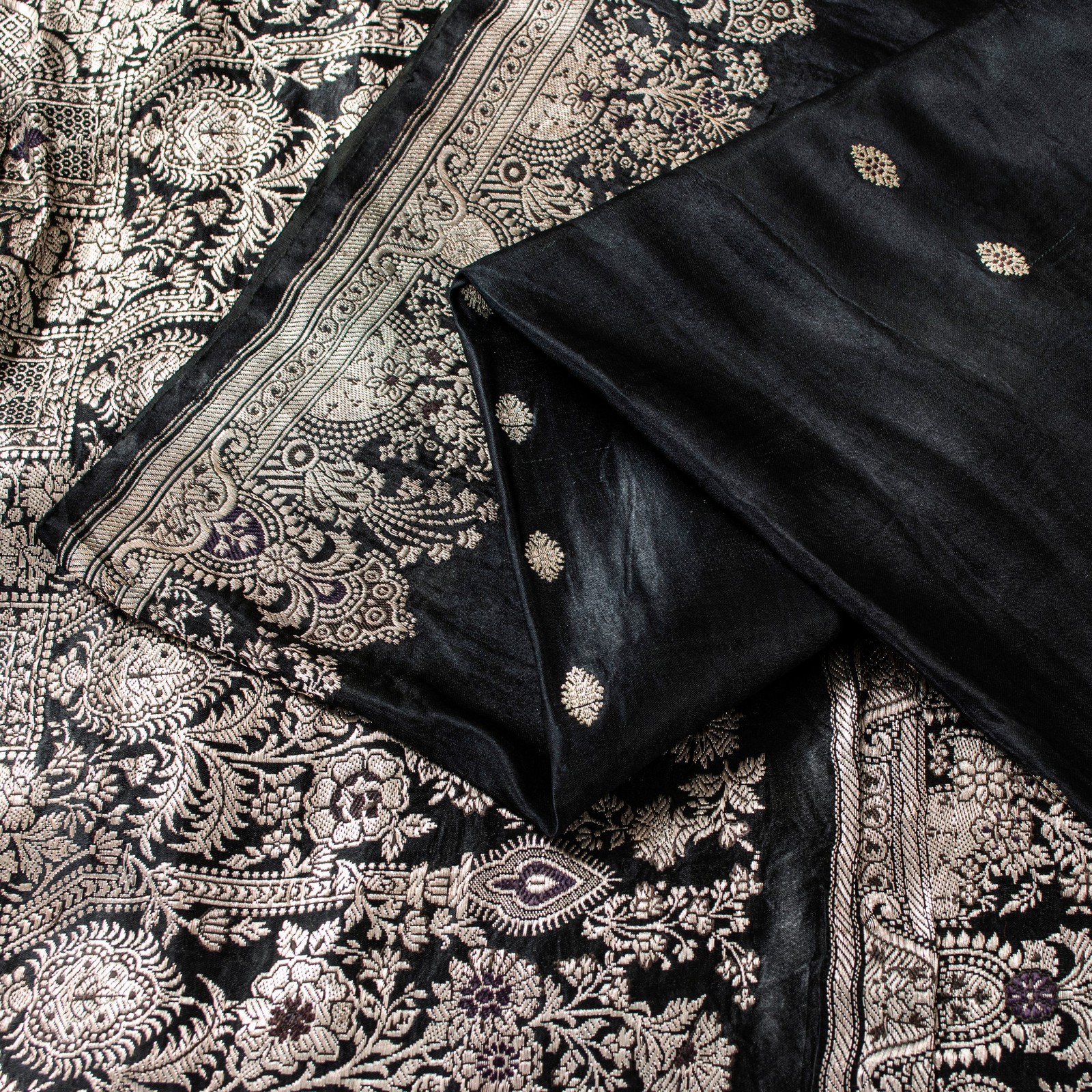 Sanskriti Vintage Black Pure Satin Sarees Banarasi Brocade Zari Hand-Woven 5+Yd
