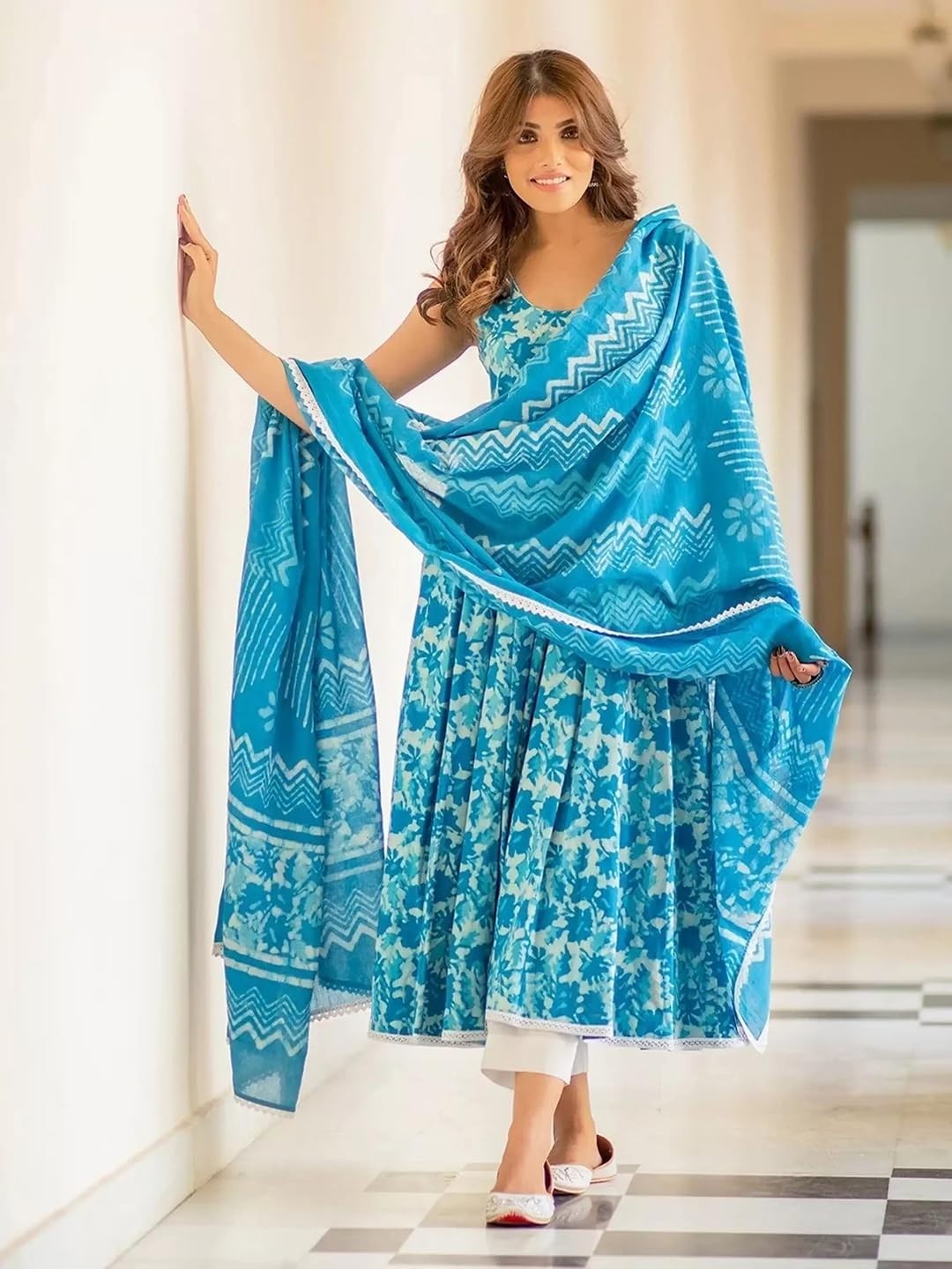 Women’s Cotton Blend Floral Printed Anarkali Kurta Pant with Dupatta Set