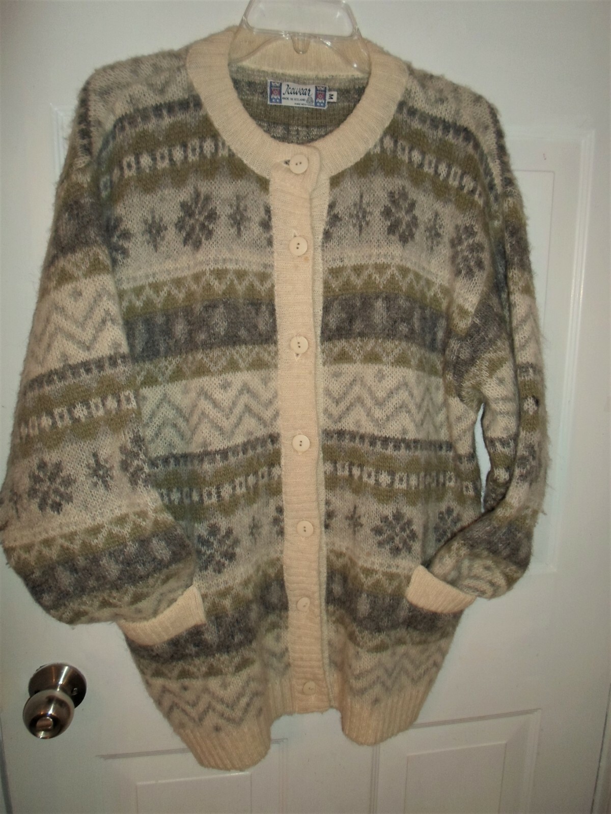 ICEWEAR Sz MED Nordic Cardigan Sweater Wool Iceland Ivory/Gray/Moss WARM Unisex