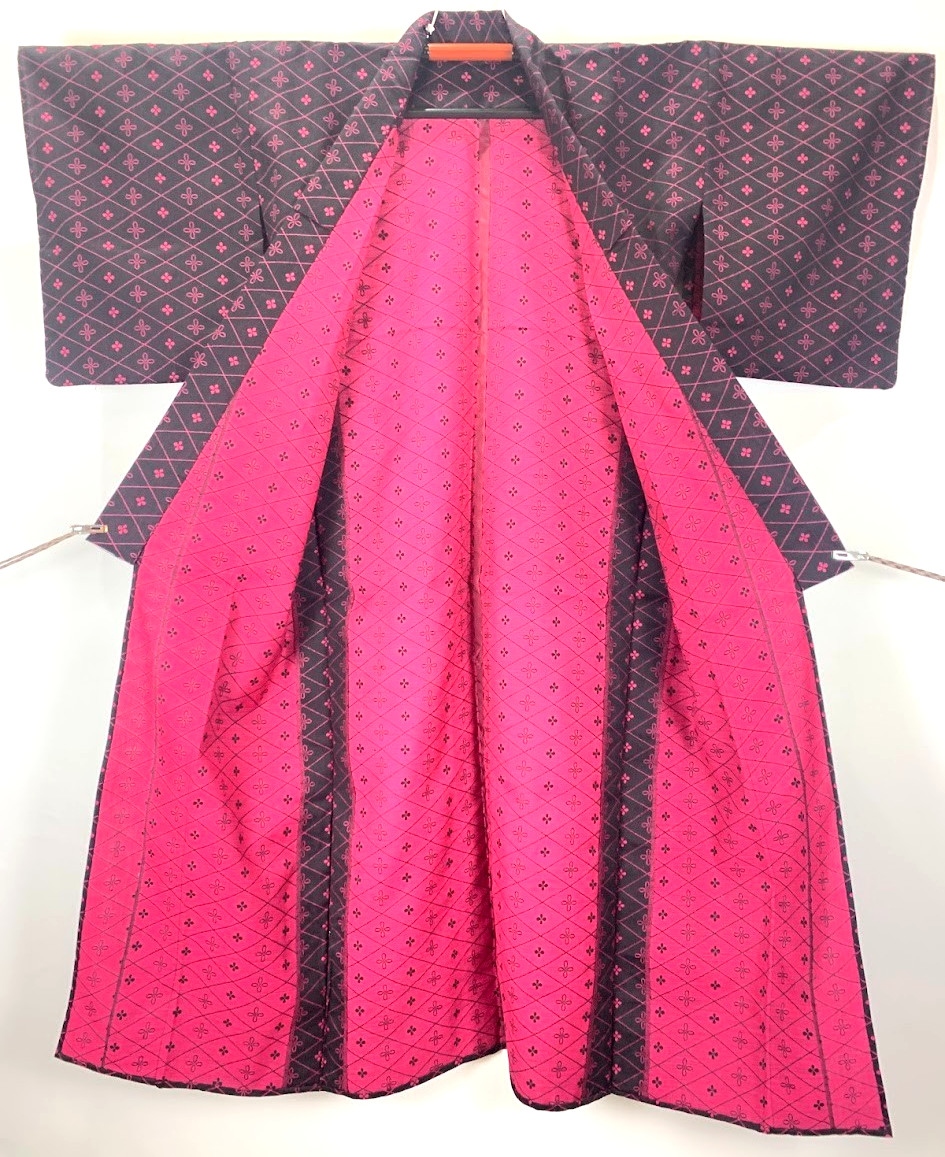 Unused XS Silk Tsumugi Kimono Black Wine Red Hishi Yuki 25.6in Hitoe FedEx Zen