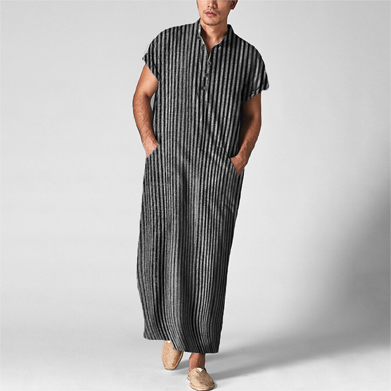 Fashion Men’s Muslim Short Sleeve Striped Thobe Saudi Arab Islamic Jubba Kaftan