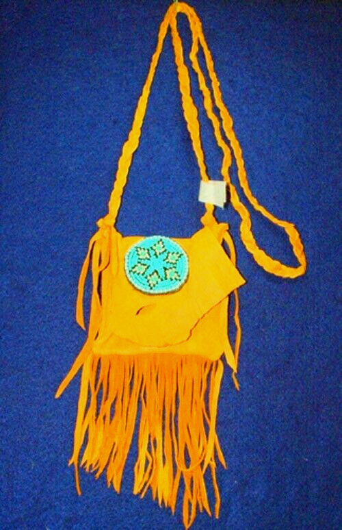 Native American Deerskin Leather 5×5″ Pouch w/ rosette & Braided strap #LL05