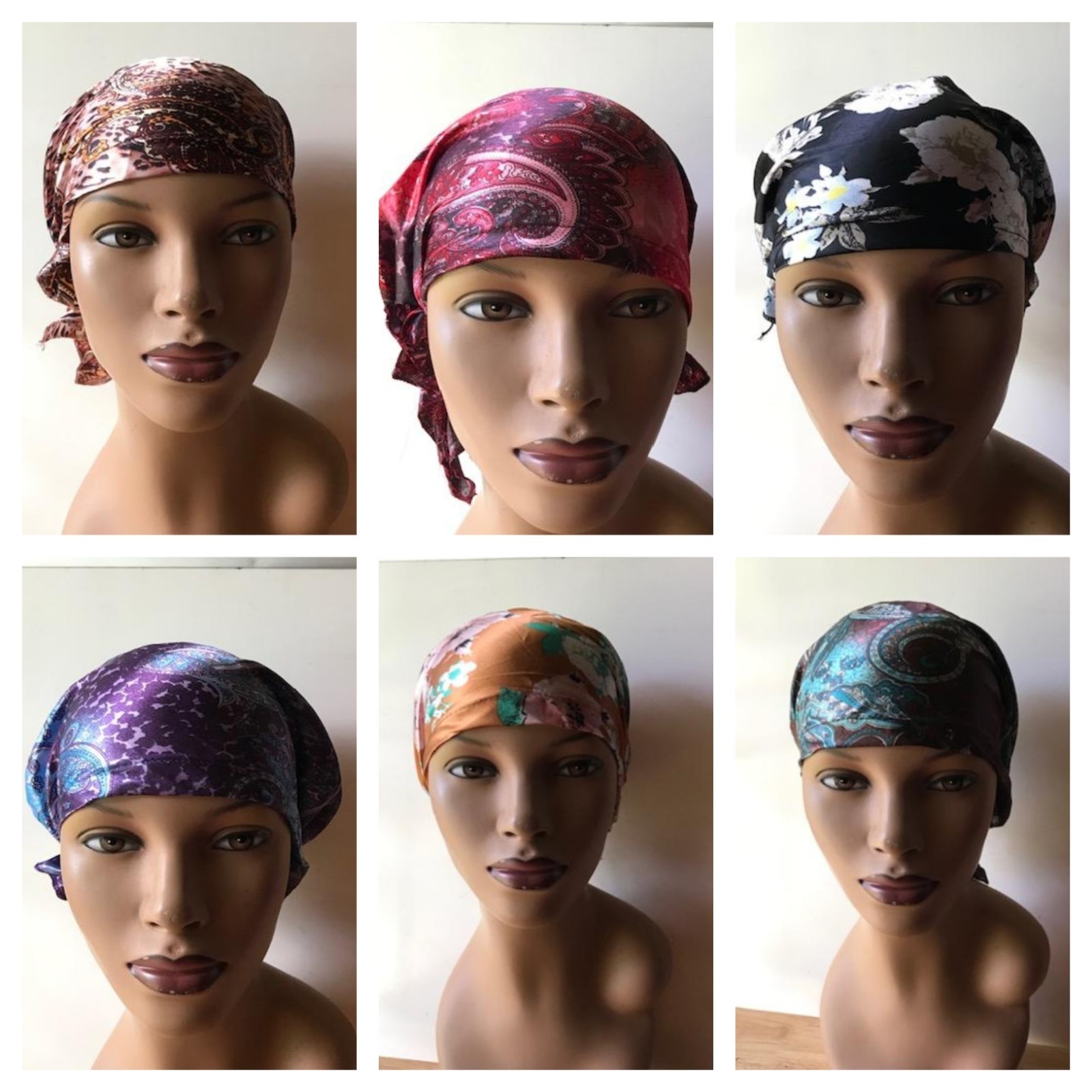 Set of 6 Various Color Simple Fashion Caps Floral or Paisley Print Tie Back Cap