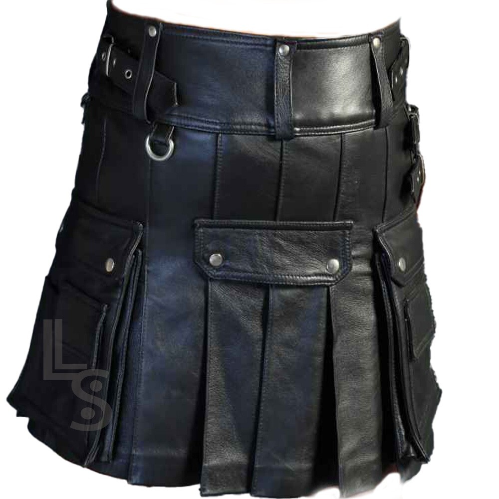 Warrior Handmade Strap-Adjustable Partywear Black Cow LARP Leather Kilt, For Men