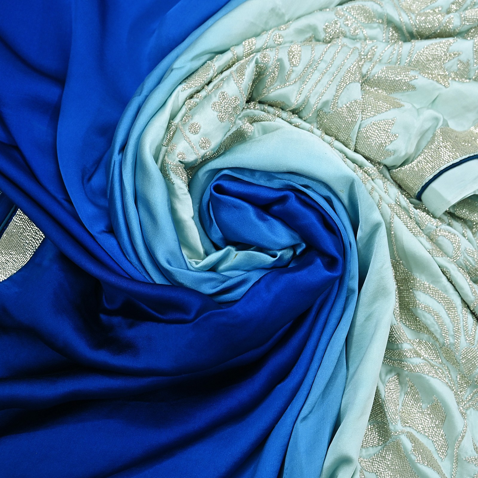 Rare Vintage Green & Blue Pure Satin Silk Saree Hand Embroidered Fabric 5.5 Yard