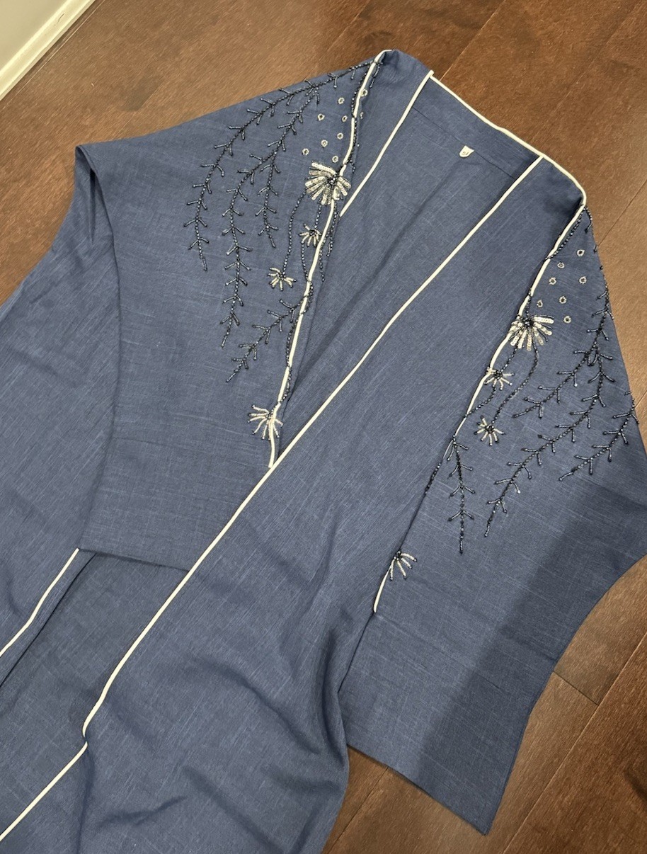 Blue Linen Dubai Abaya Luxury Hand Embroidered Beautiful Light Fabric