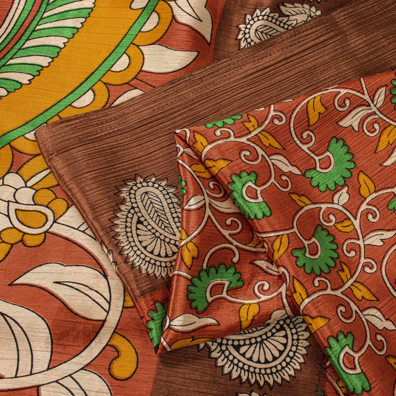 Sanskriti Vintage Brown Art Silk Saree Handmade Kalamkari Peacock Printed Sari