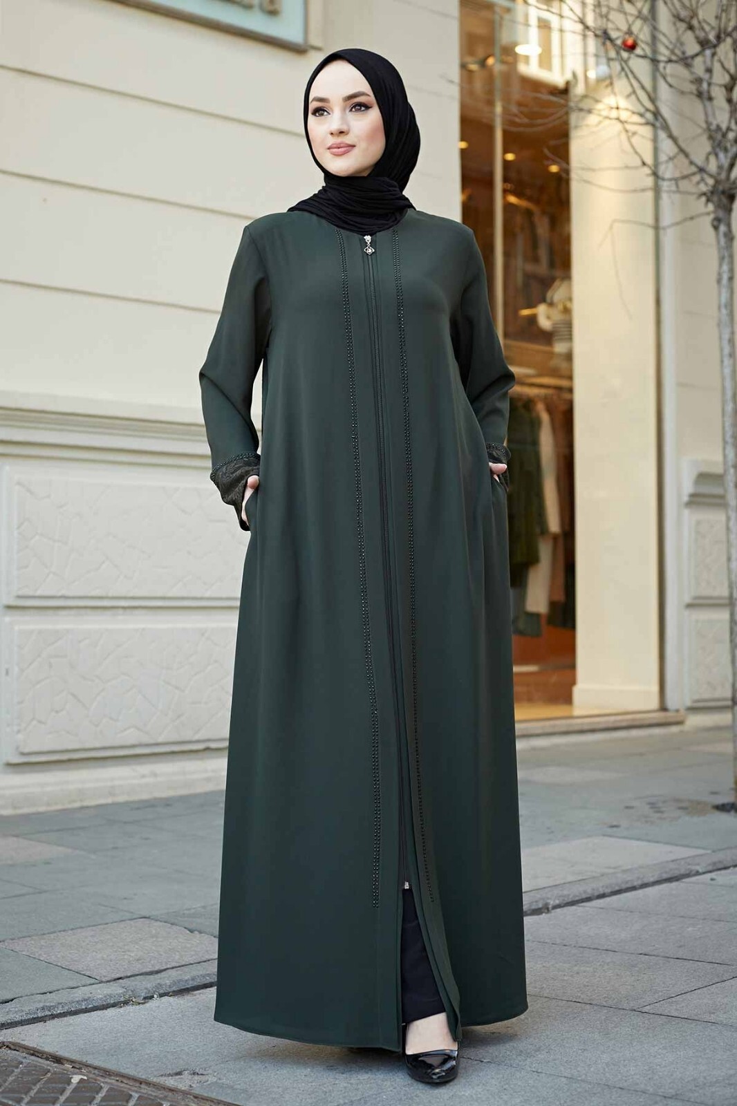 istanbulstyles Women’s Abaya Lace Applique Long Sleeve Floor Length Zipper Floor