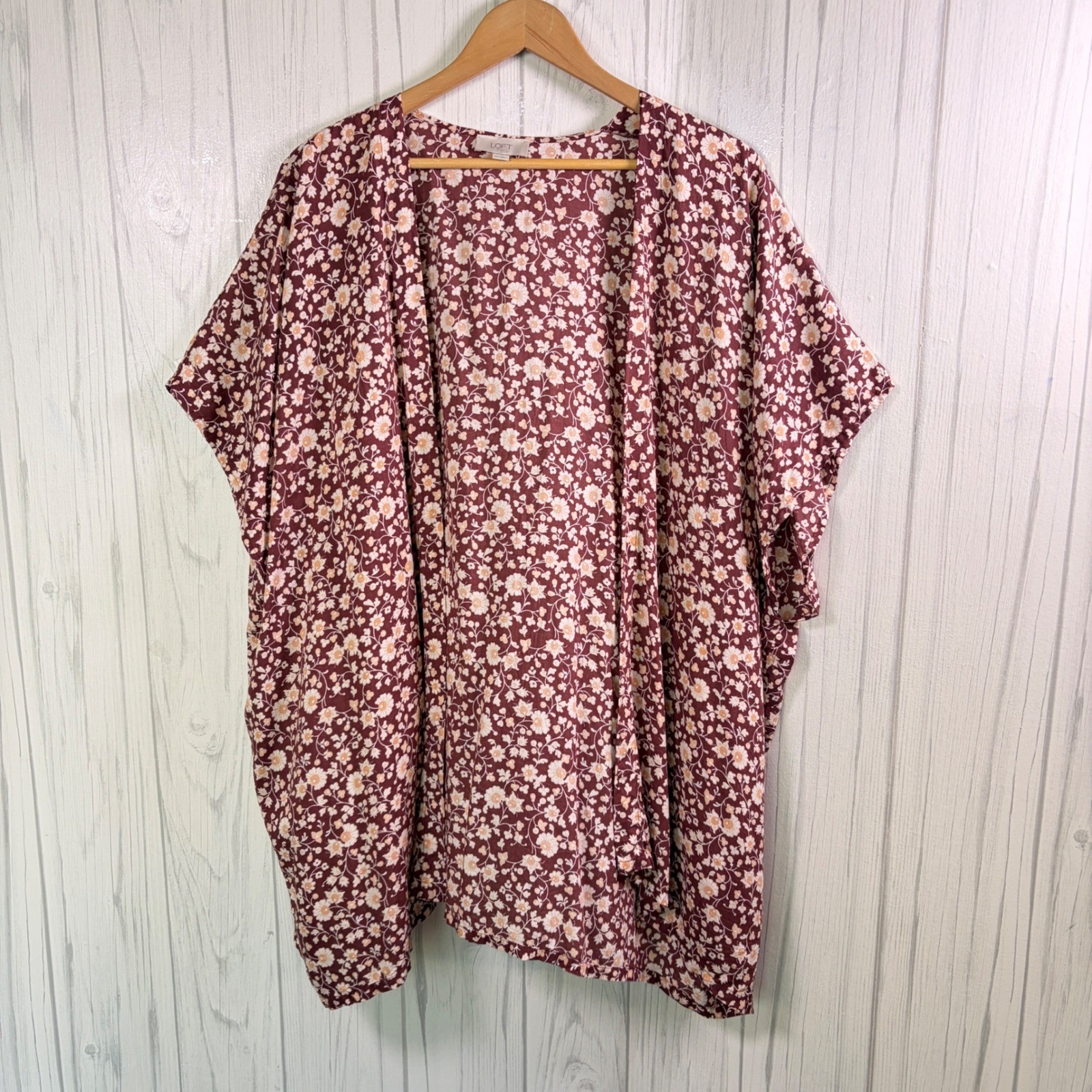 LOFT Burgundy-Brown & Beige Floral Lightweight Kimono Cottagecore Boho, M/L