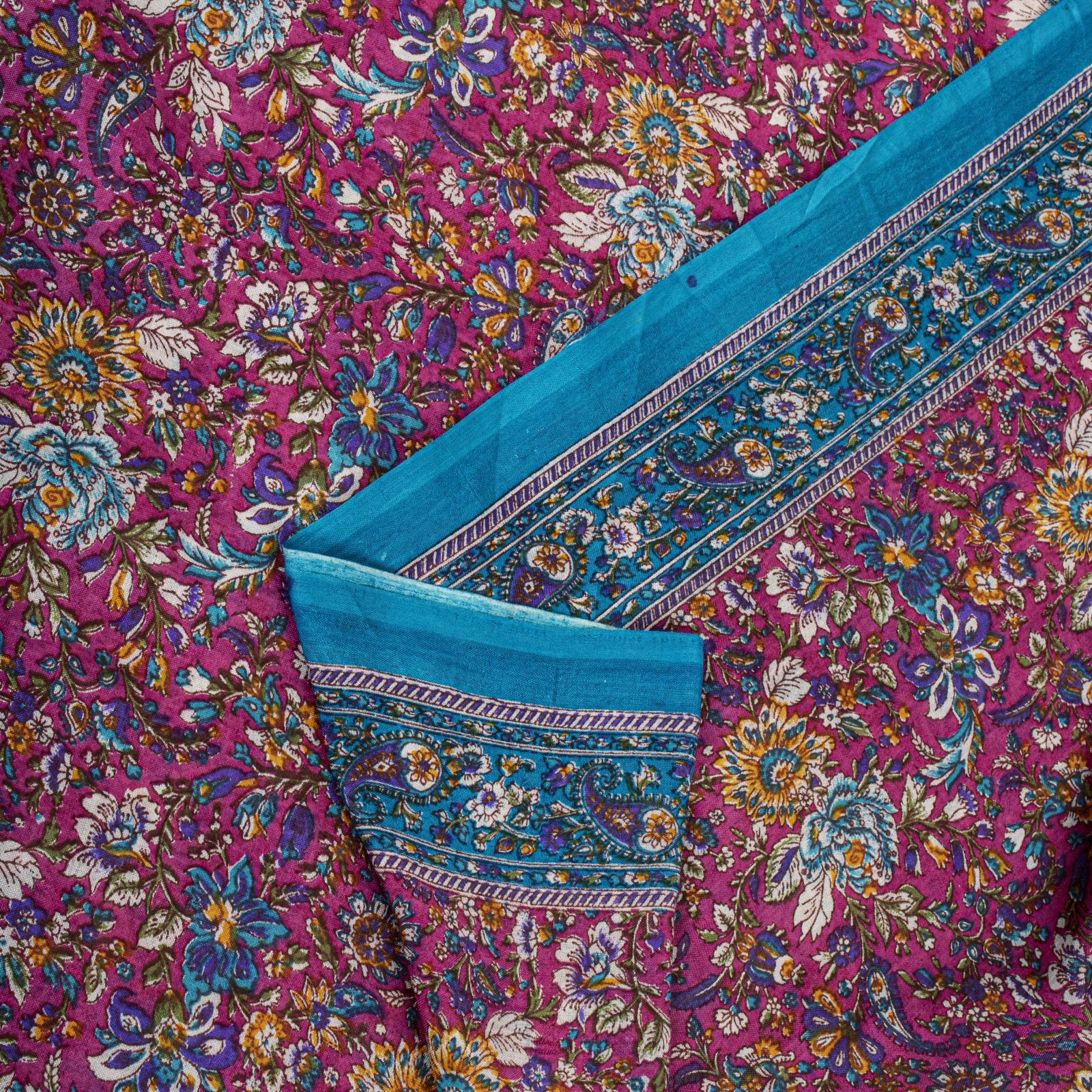 Sanskriti Vintage Saree Pink-Blue Pure Cotton Floral Printed Sari Fabric 5+Yard