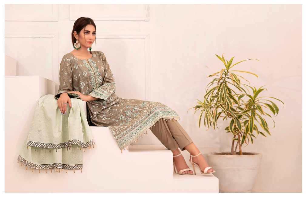 SemiFormal Jacquard Cotton Broshia Embroidered 3PC Shalwar Kameez Pakistani L/43