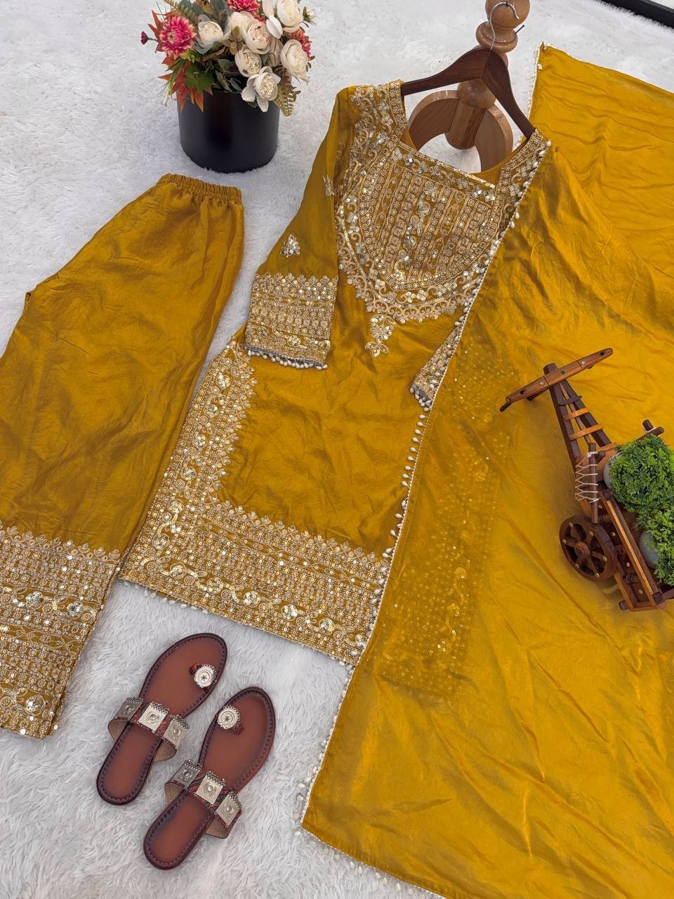 Trending Designer Yellow Silk Kurta Palazzo With Dupatta For Wedding & Party