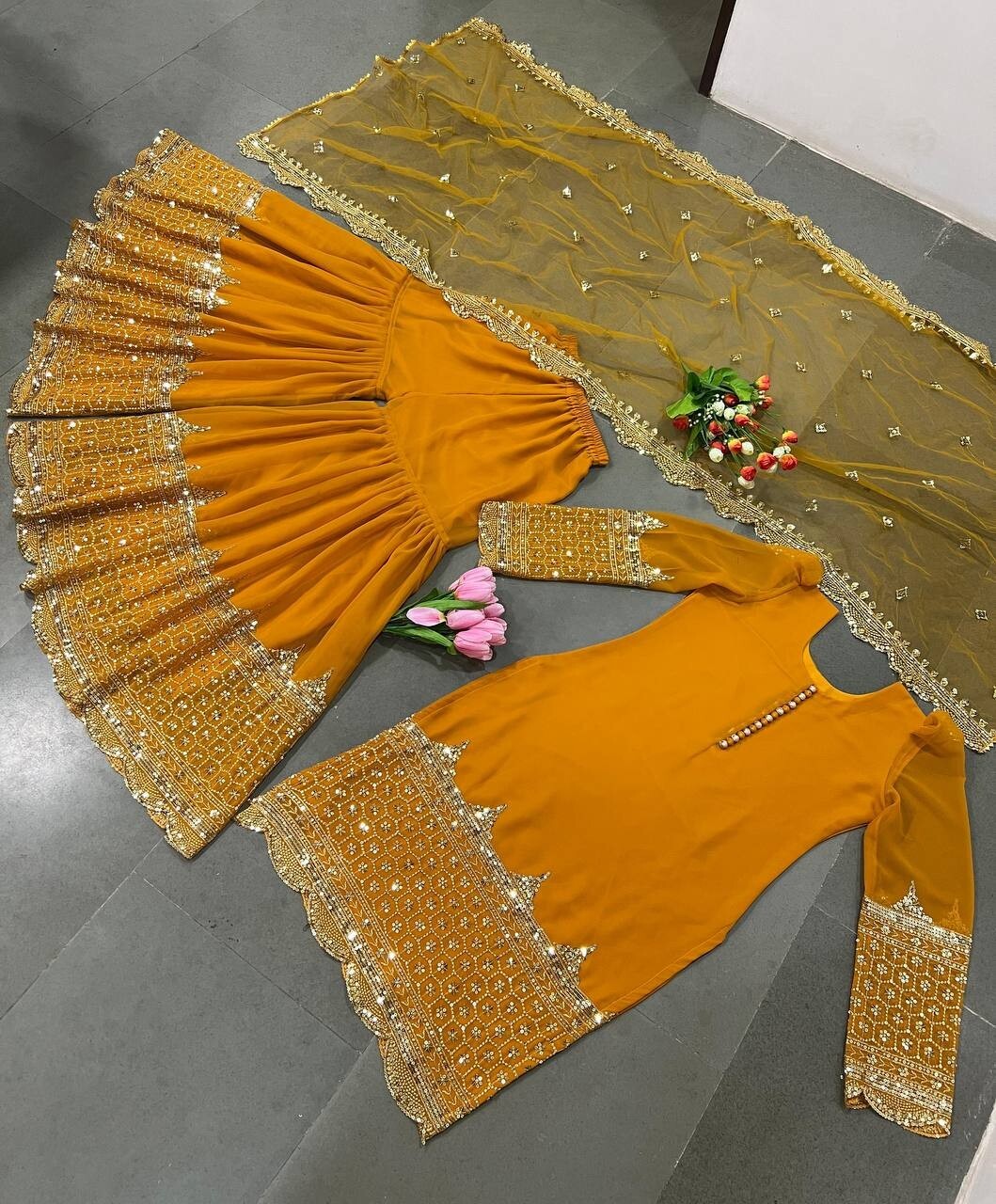 New Launching Yellow Faux Georgette Top Palazzo With Net Dupatta For Festival