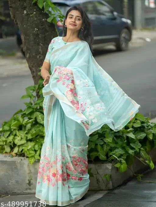 Aqua Blue Floral Printed Pure Cotton Linen Saree for Women